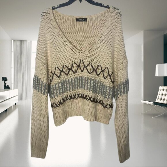 Blue B Collection Chunky Knit Sweater Women’s Large Cream Brown Blue Cozy Boho - Picture 2 of 12